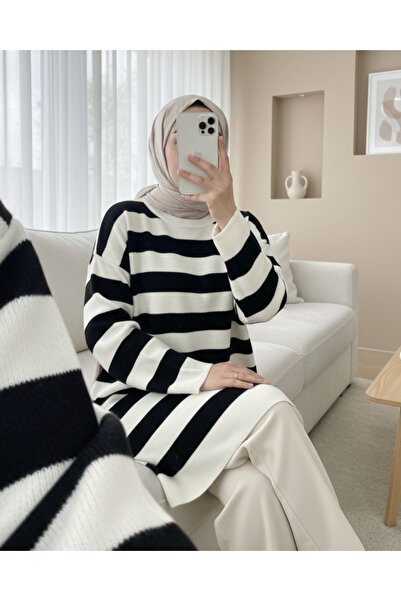 Modamorfo Tunica tricotată cu dungi laterale guler rotund -Negru