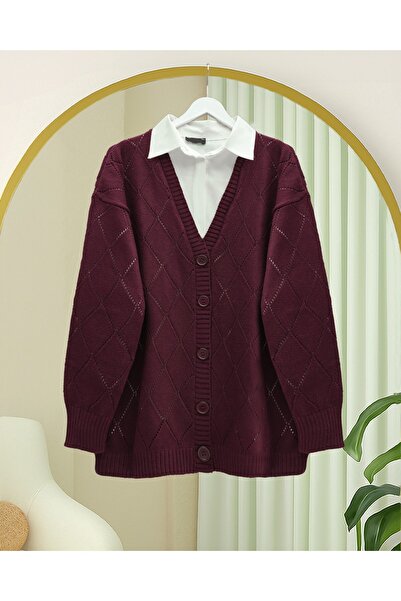 Modamorfo Lace-Like Knit Diamond Patterned Knitwear Cardigan - Claret Red