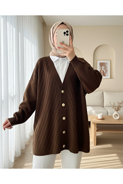 Modamorfo Cross Striped Brooch Buttoned Knitwear Cardigan - Brown