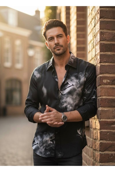 YusGos Long Sleeve Cotton Easy Iron Smoke Pattern Regular Fit Premium Men's Shirt Black L