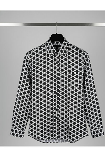 YusGos Long Sleeve Cotton Easy Iron Geometric Pattern Regular Fit Premium Men's Shirt Black m