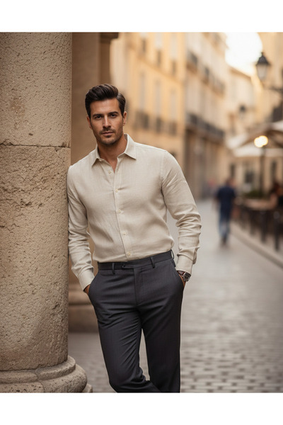 YusGos Long Sleeve Cotton Easy Iron Flannel Regular Fit Premium Men's Shirt Cream L