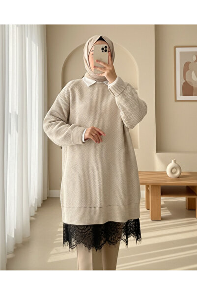 Modamorfo Pulover din tricot cu detaliu din dantelă - Crem