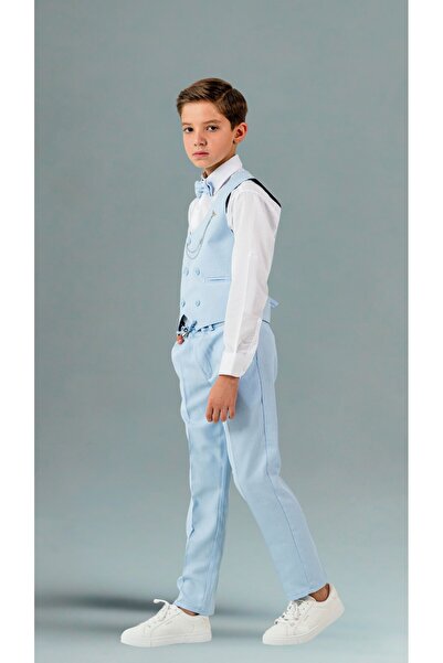 Atlas Kids Costum smoking pentru băieți – Set de set cu vestă cu pantaloni jogger, cămașă cu papion și lanț