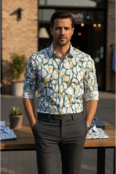 YusGos Long Sleeve Cotton Easy Iron Patterned Regular Fit Premium Men's Shirt Multi Color 2XL