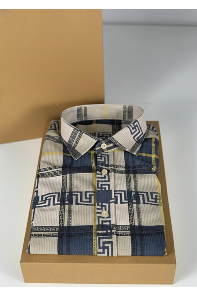 YusGos Long Sleeve Cotton Easy-Iron Retro Pattern Regular Fit Premium Personality Men's Shirt Cream m