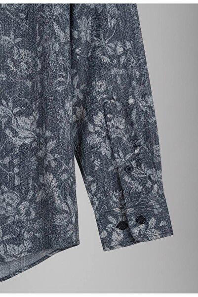 YusGos Long Sleeve Cotton Easy Iron Leaf Pattern Regular Fit Premium Men's Shirt Smoked 3XL