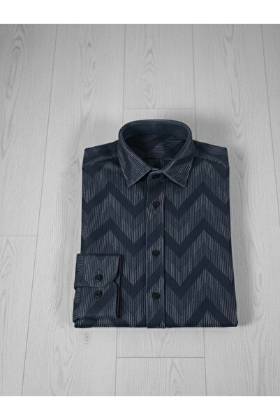 YusGos Long Sleeve Patterned Cotton Easy Iron Regular Fit Men's Stretch Fabric Winter Shirt Black 3XL