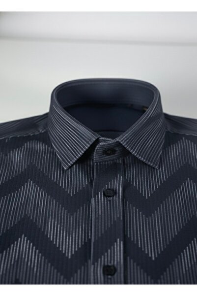 YusGos Long Sleeve Patterned Cotton Easy Iron Regular Fit Men's Stretch Fabric Winter Shirt Black 3XL