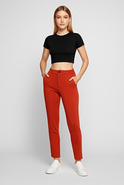 YusGos Cotton Fabric Embossed Striped (piped) Buttoned Basic Comfortable Cut Trousers Orange XL