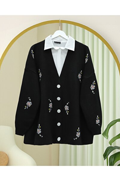 Modamorfo Floral Embroidered Shiny Buttoned Knit Cardigan -Black