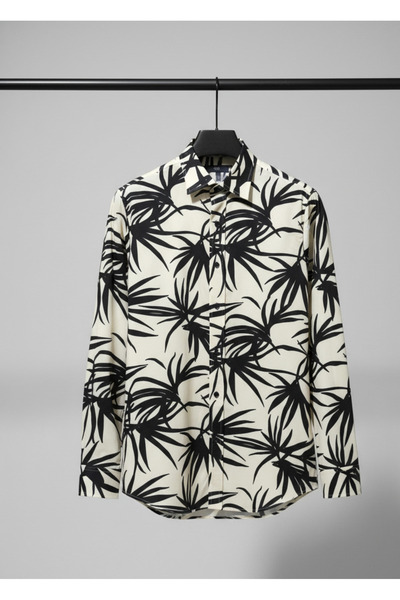 YusGos Long Sleeve Cotton Fabric Patterned Easy Iron Regular Fit Premium Men's Shirt Cream m