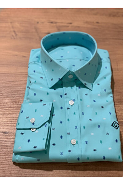 YusGos Men's Regular Fit Regular Collar Long Sleeve Easy Iron Dotted Premium Cotton Satin Shirt Turquoise 2XL
