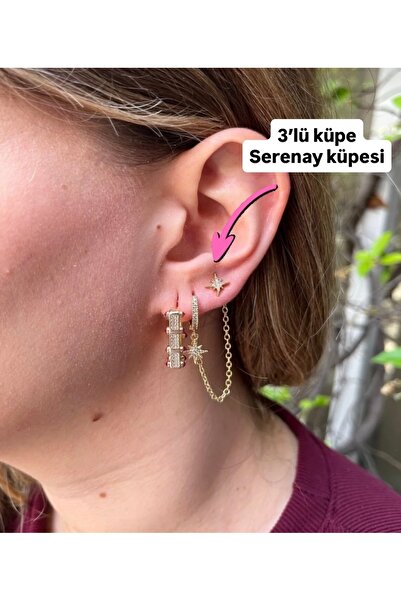 MODA 14K Gold Renk 3’lü Serenay Çelik Küpe Seti – Zincirli, Taşlı, Yıldız Model