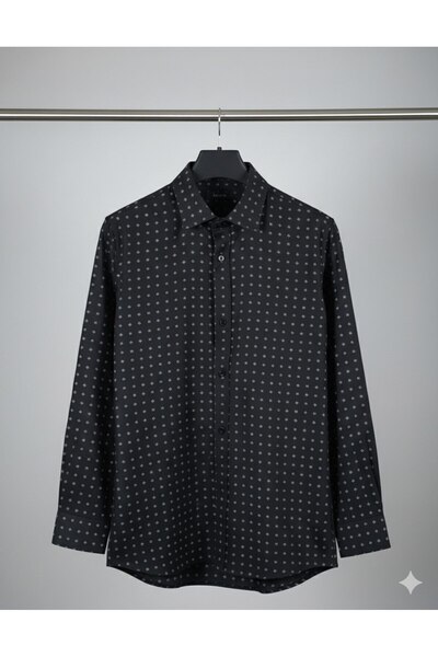 YusGos Men's Regular Fit Regular Collar Long Sleeve Easy Iron Crisp Pattern Premium Cotton Shirt Black L