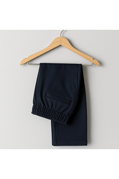 YusGos Cotton Fabric Embossed Striped (piped) Buttoned Basic Comfortable Cut Trousers Navy Blue 2XL