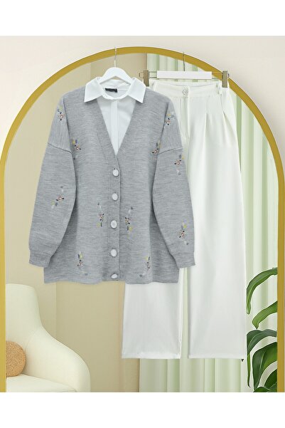 Modamorfo Floral Embroidered Shiny Buttoned Knit Cardigan - Gray