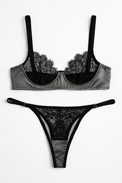 LİBELLA İÇ GİYİM Women's Leather Detailed Lace Underwire Stylish 2-Piece Thong Bra Set