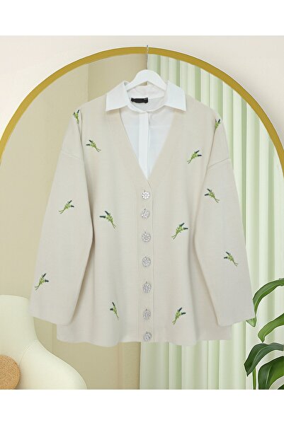 Modamorfo Stone Buttoned Branch Patterned Knitwear Cardigan - Cream