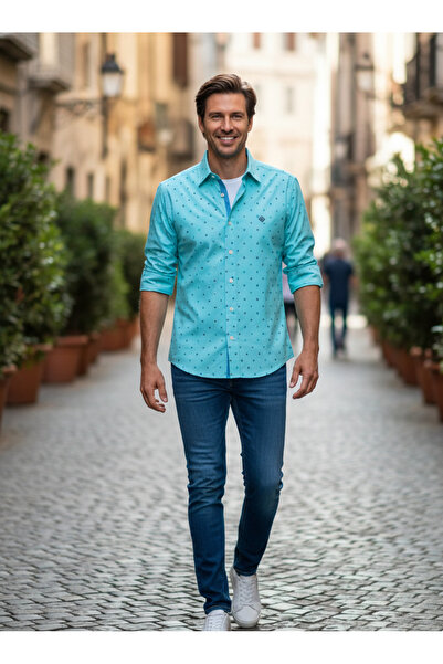 YusGos Men's Regular Fit Regular Collar Long Sleeve Easy Iron Dotted Premium Cotton Satin Shirt Turquoise 2XL