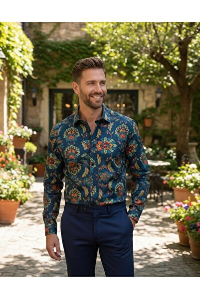 YusGos Long Sleeve Cotton Easy Iron Shawl Pattern Regular Fit Premium Men's Shirt Multi Color m