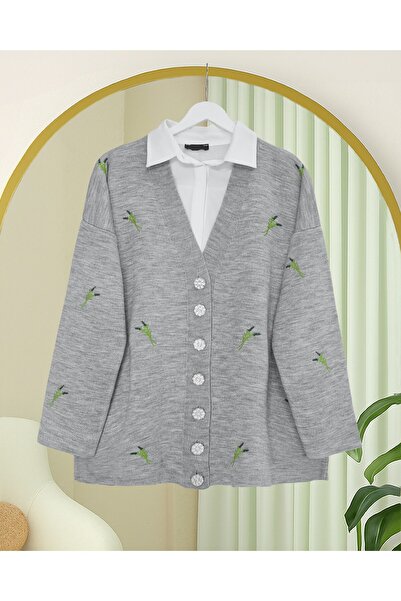 Modamorfo Stoned Buttoned Branch Patterned Knitwear Cardigan -Gray