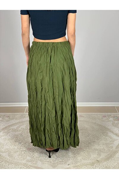 YusGos Women's Pleated Wrinkled Fabric Maxi Skirt Khaki Standard