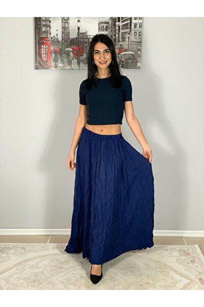 YusGos Women's Pleated Wrinkled Fabric Maxi Skirt Navy Blue Standard