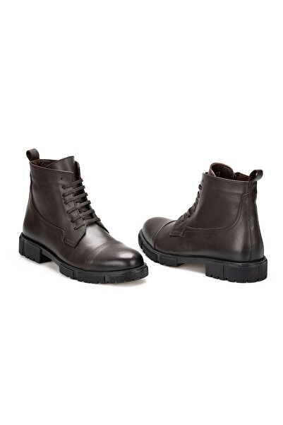 TwoEgoist Erkek Koyu Kahve Hakiki Deri Fermuarlı Kalın Taban Sıcak Astarlı Po...