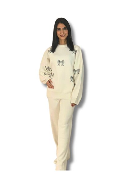 YusGos Women's Long Sleeve Bow Embroidered Crew Neck Knitwear Sweater Pants Set White Standard