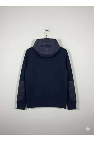 YusGos Men's Back and Arm Knitted and Arm Patched Raincoat Hooded High Quality Coat Jacket Navy Blue 2XL