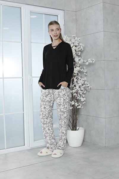 LİMİSSİ Viscose Large Size Patterned Melisa Black Pajama Set 100% Cotton Black L