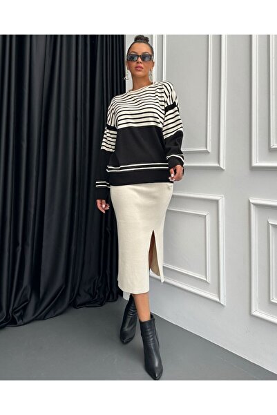 Modamorfo Cream Colored Crew Neck Striped Knitwear Set