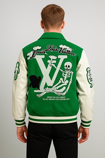 YusGos Unisex Women/Men Embroidered on the Back and Front Special Design High Quality College Coat Jacket Green L