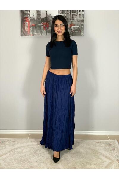 YusGos Women's Pleated Wrinkled Fabric Maxi Skirt Navy Blue Standard