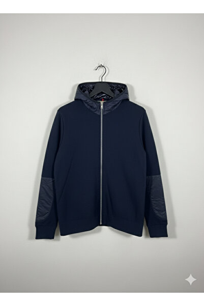 YusGos Men's Back and Arm Knitted and Arm Patched Raincoat Hooded High Quality Coat Jacket Navy Blue 2XL