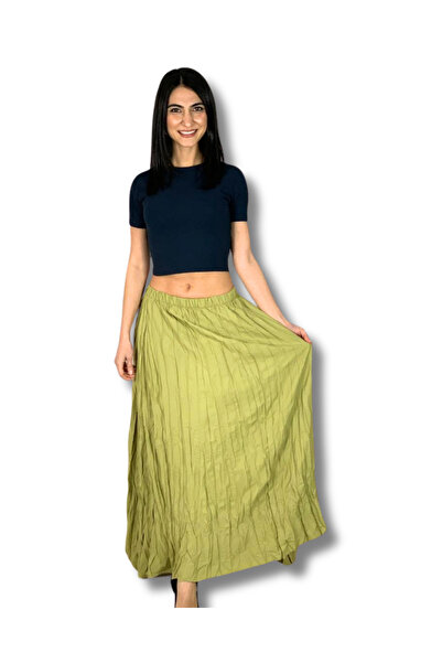 YusGos Women's Pleated Wrinkled Fabric Maxi Skirt Green Standard