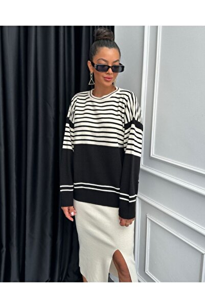 Modamorfo Cream Colored Crew Neck Striped Knitwear Set