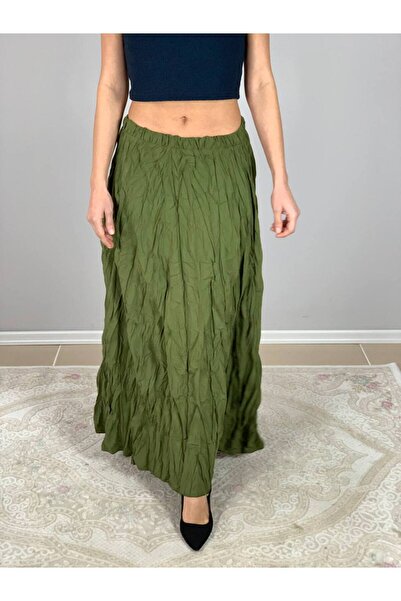 YusGos Women's Pleated Wrinkled Fabric Maxi Skirt Khaki Standard