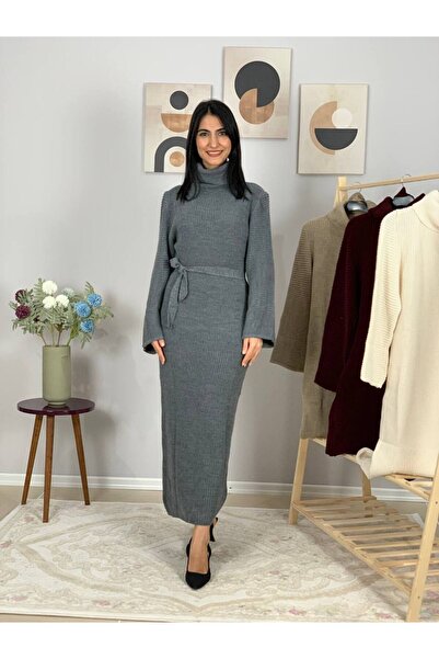 YusGos Long Sleeve Turtleneck Belt Detailed Knitwear Relaxed Fit Midi Dress Gray Standard