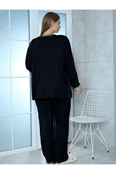 LİMİSSİ Viscose Plus Size Black Pajama Set 100% Cotton Black 2XL