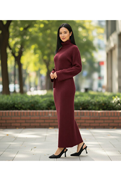YusGos Long Sleeve Turtleneck Belt Detailed Knitwear Relaxed Fit Midi Dress Burgundy Standard