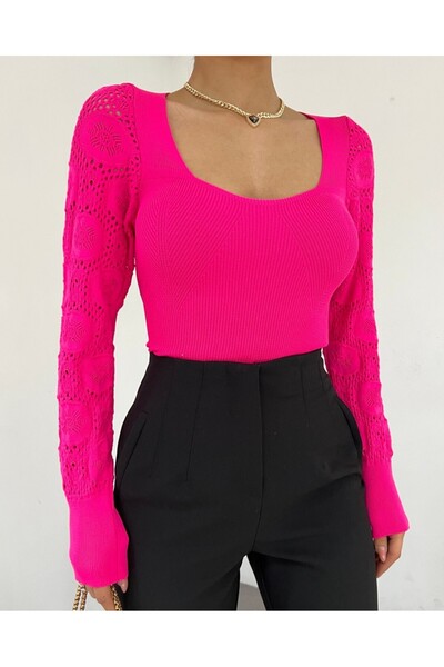 Modamorfo Δαντέλα πλεκτά μανίκια Πλεκτά μπλούζα με τετράγωνο λαιμό