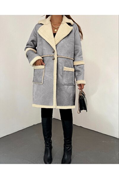 Modamorfo Σουέτ παλτό με επένδυση από γούνα και διπλές τσέπες με κουμπιά - Γκρι