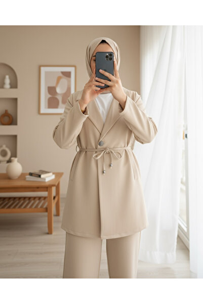 Modamorfo Double Breasted Collar Double Lace Jacket Trousers Suit -Beige