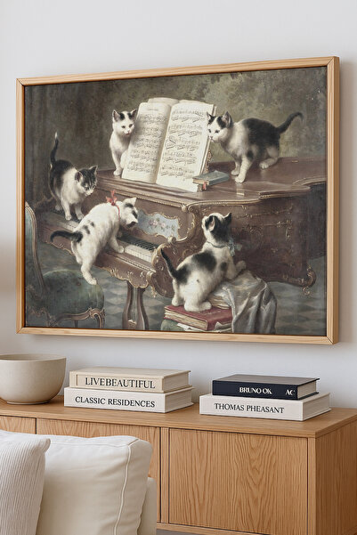 AKSU SANAT Kediler ve Piyano, Vintage ÇERÇEVELİ Kanvas Tablo, ÇİFT ÇERÇEVELİ ...