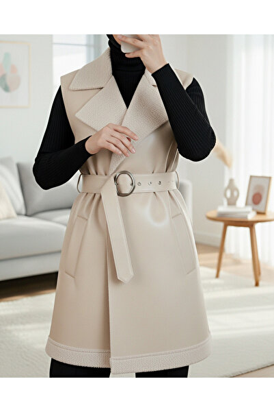Modamorfo Thick Belted Leather Vest with Fur Inside and Pockets - Beige