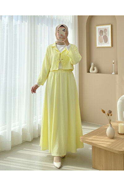 Modamorfo Double Breasted Collar Double Lace Skirt Suit - Light Yellow