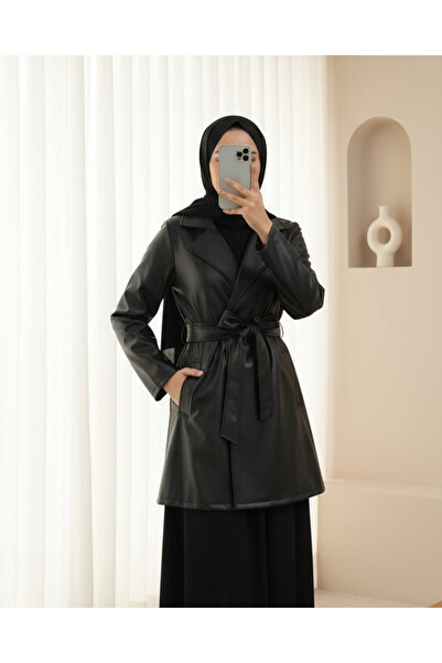 Modamorfo Trench din piele cu un singur nasture, cu buzunar, cu curea la tali...