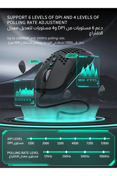DuneVoyager DV-GE4 Honeycomb Gaming Mouse, 1-12800 DPI, 7 Programmable Buttons, RGB
